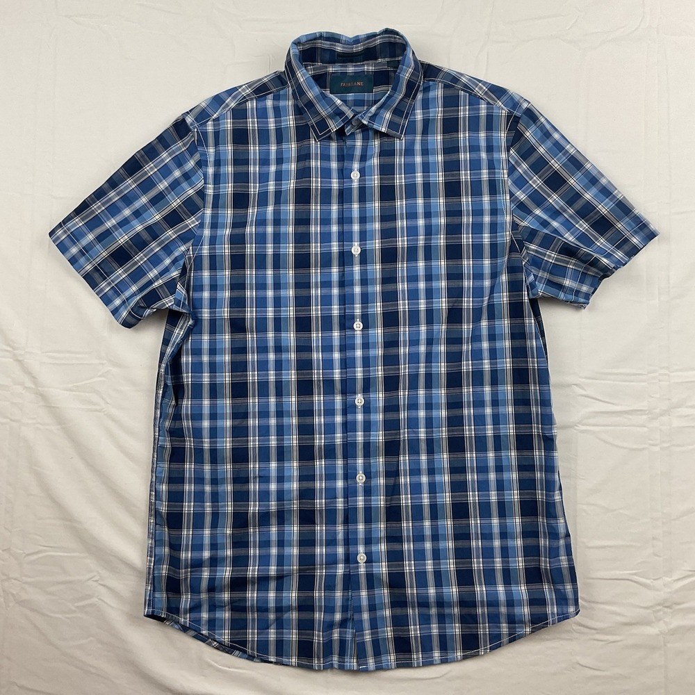 Fairlane Plaid Shirt Mens‎ Medium Tall Blue Short Sleeve Button Up